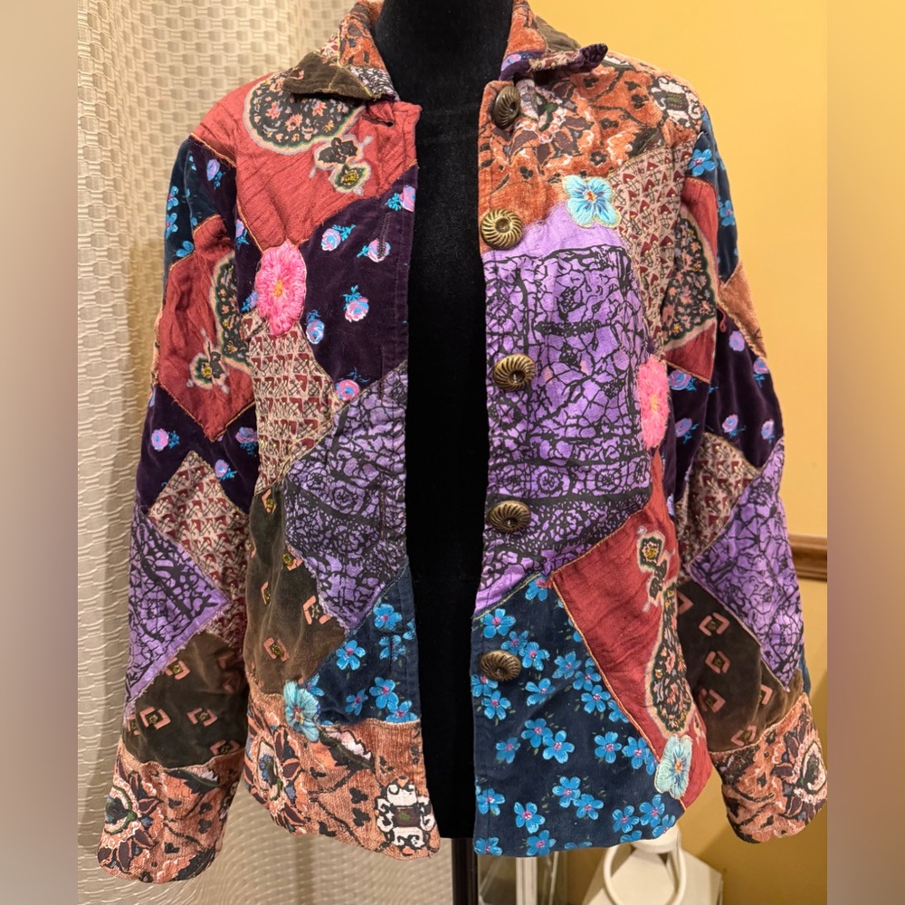 Sandy Starkman Vintage Bohemian Patchwork Bomber Jacket. 50% Silk